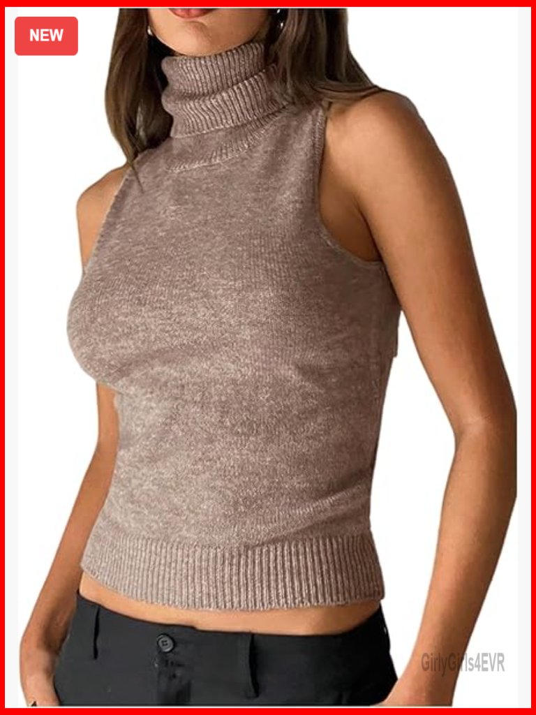 Turtleneck Sleeveless Sweater Vest Ribbed Knit Tank Top Pullover